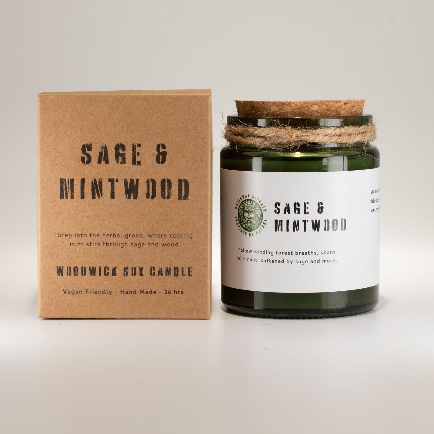 Vela de soja verde salvia y menta, en frasco de vidrio, con tapa de madera, 26 horas de duración, estilo natural.