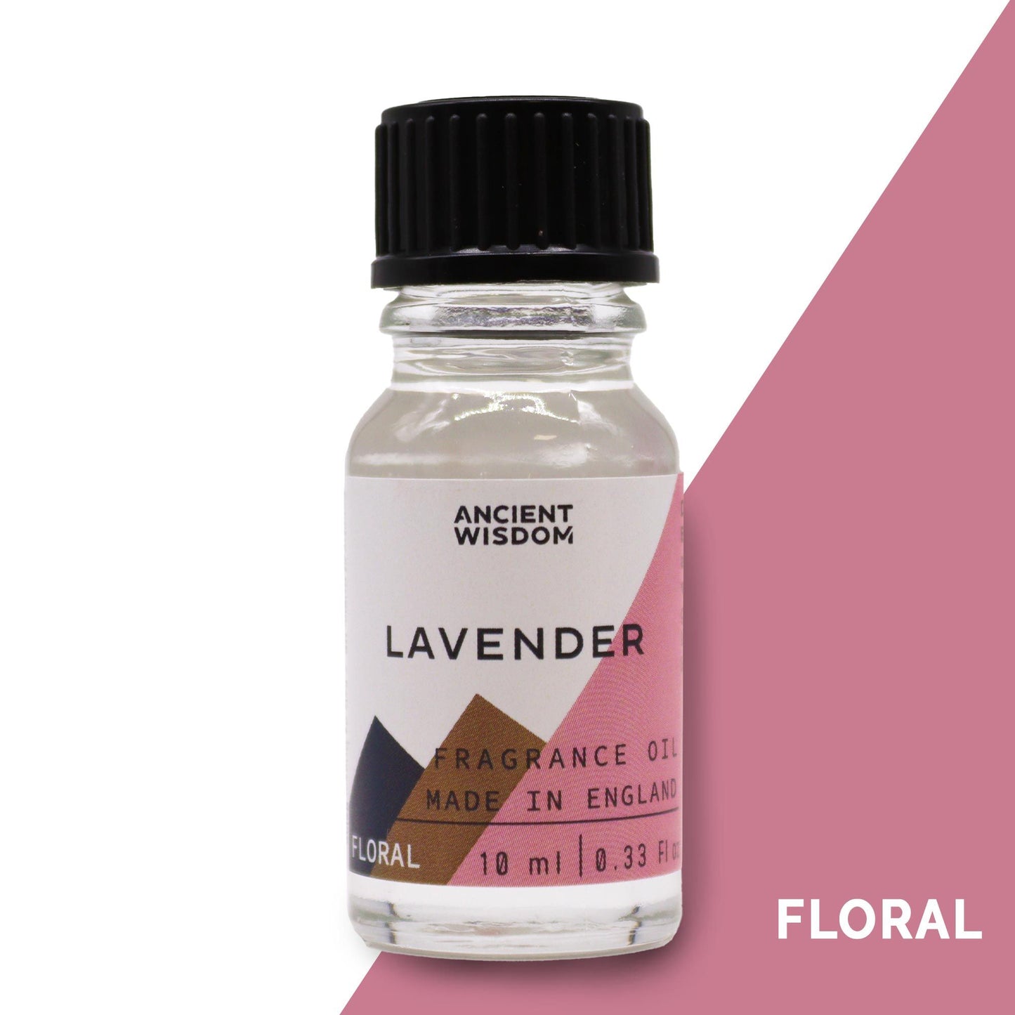 Aceite aromático de lavanda, 10 ml, estilo floral, frasco transparente con tapa negra, hecho en Inglaterra.