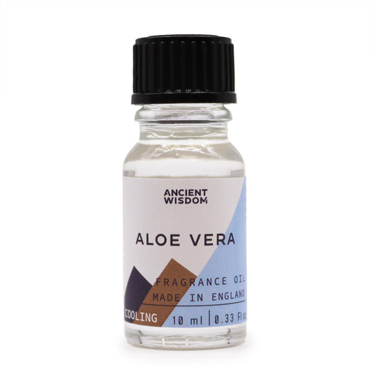 Frasco de vidrio transparente de 10ml con tapa negra y etiqueta de Aloe Vera sobre fondo blanco.