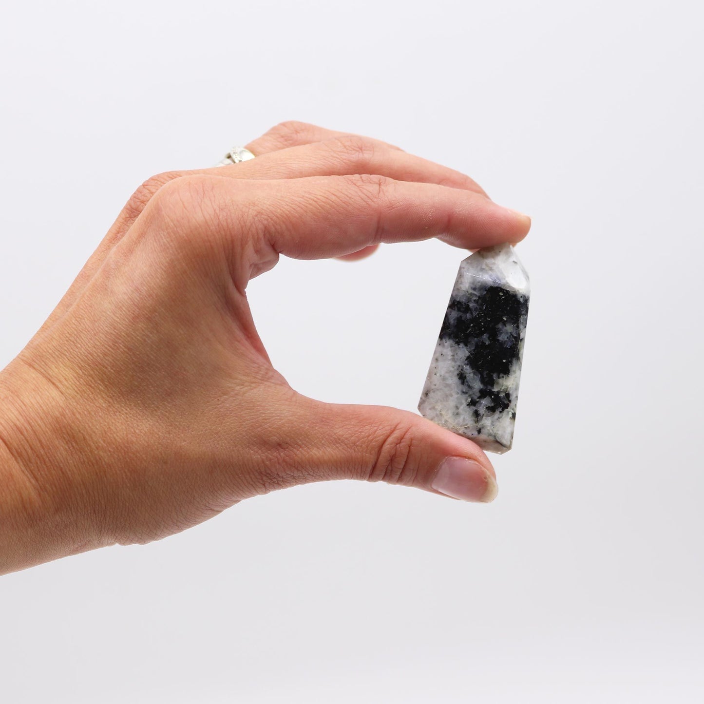 Piedra de ónice negra y blanca en forma de pico, ideal para decoración o colección mineral.