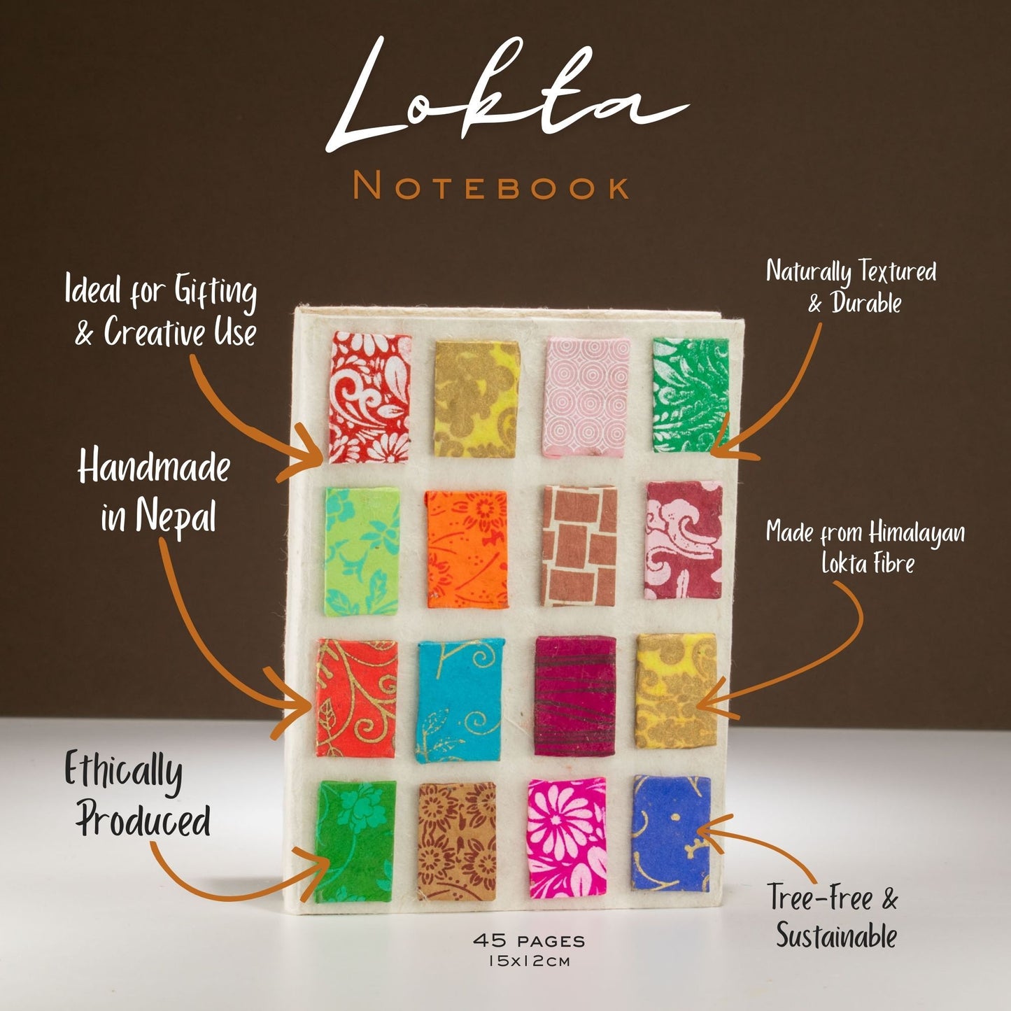 Cuaderno Lokta multicolor, hecho a mano en Nepal, 45 páginas, texturizado, ecológico y sostenible.