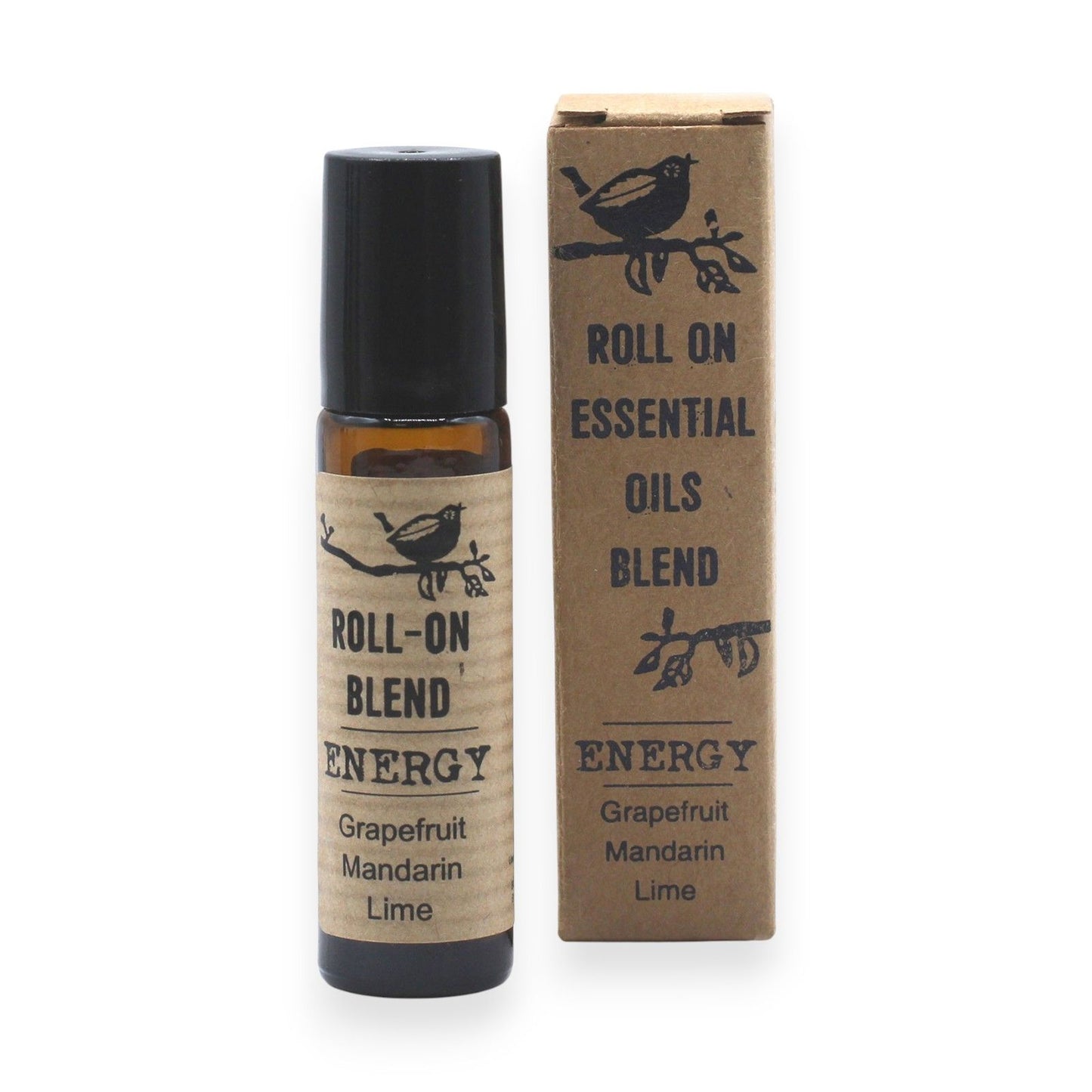 Mezcla de aceites esenciales en roll-on, pomelo, mandarina y lima, envase marrón con etiquetado rústico.