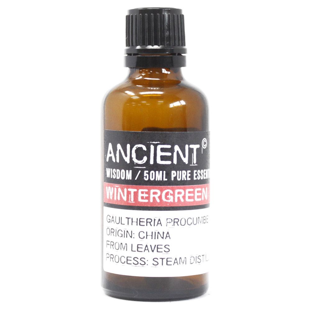 Aceite esencial de gaulteria, 50ml, color ámbar, envase de vidrio, aroma fresco, origen: China.