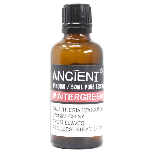 Aceite esencial de gaulteria, 50ml, color ámbar, envase de vidrio, aroma fresco, origen: China.