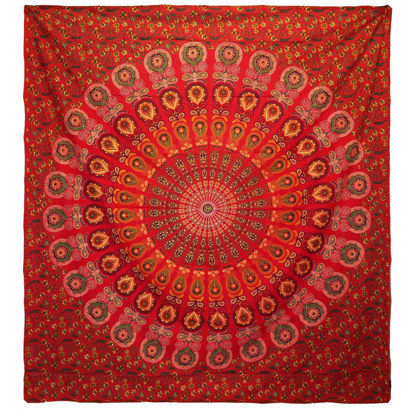 Manta mandala roja con patrones florales, tejido suave y colores vibrantes, ideal para decoración bohemia.