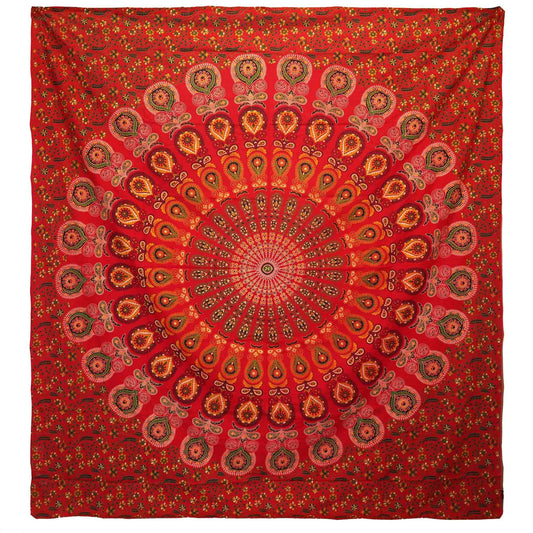 Manta mandala roja con patrones florales, tejido suave y colores vibrantes, ideal para decoración bohemia.