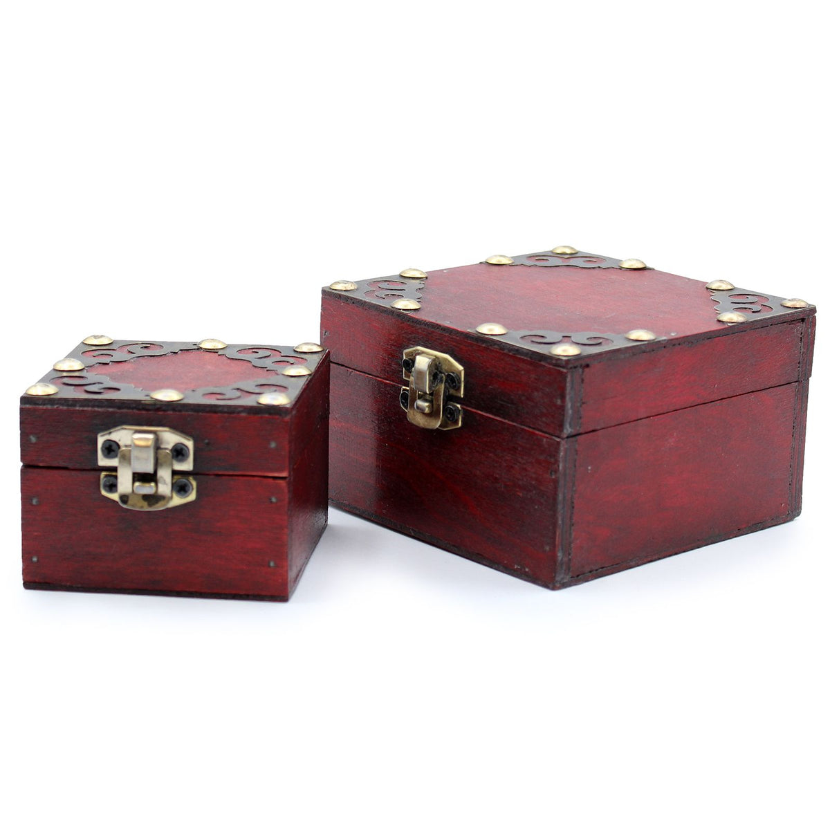 Set de dos cajas de madera vintage con cierre de bronce