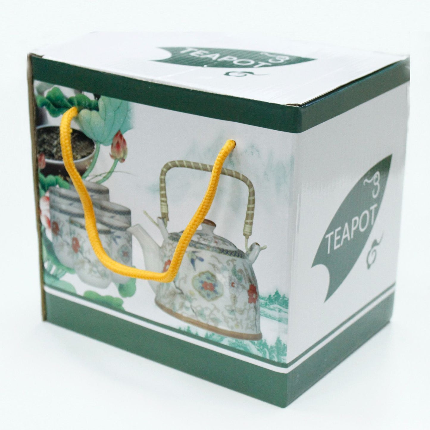 Tetera de cerámica decorada, caja blanca con asas amarillas, estilo vintage, ideal para té.