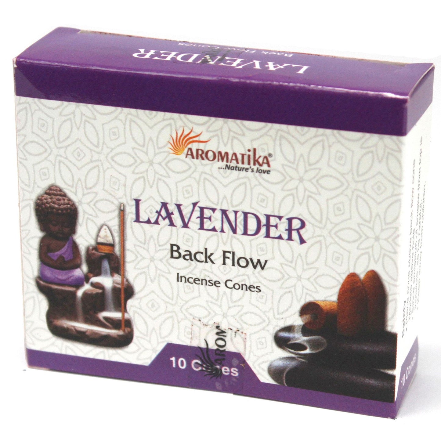 Conos de incienso de lavanda Aromatika, 10 piezas, caja morada y blanca, estilo aromático y relajante.