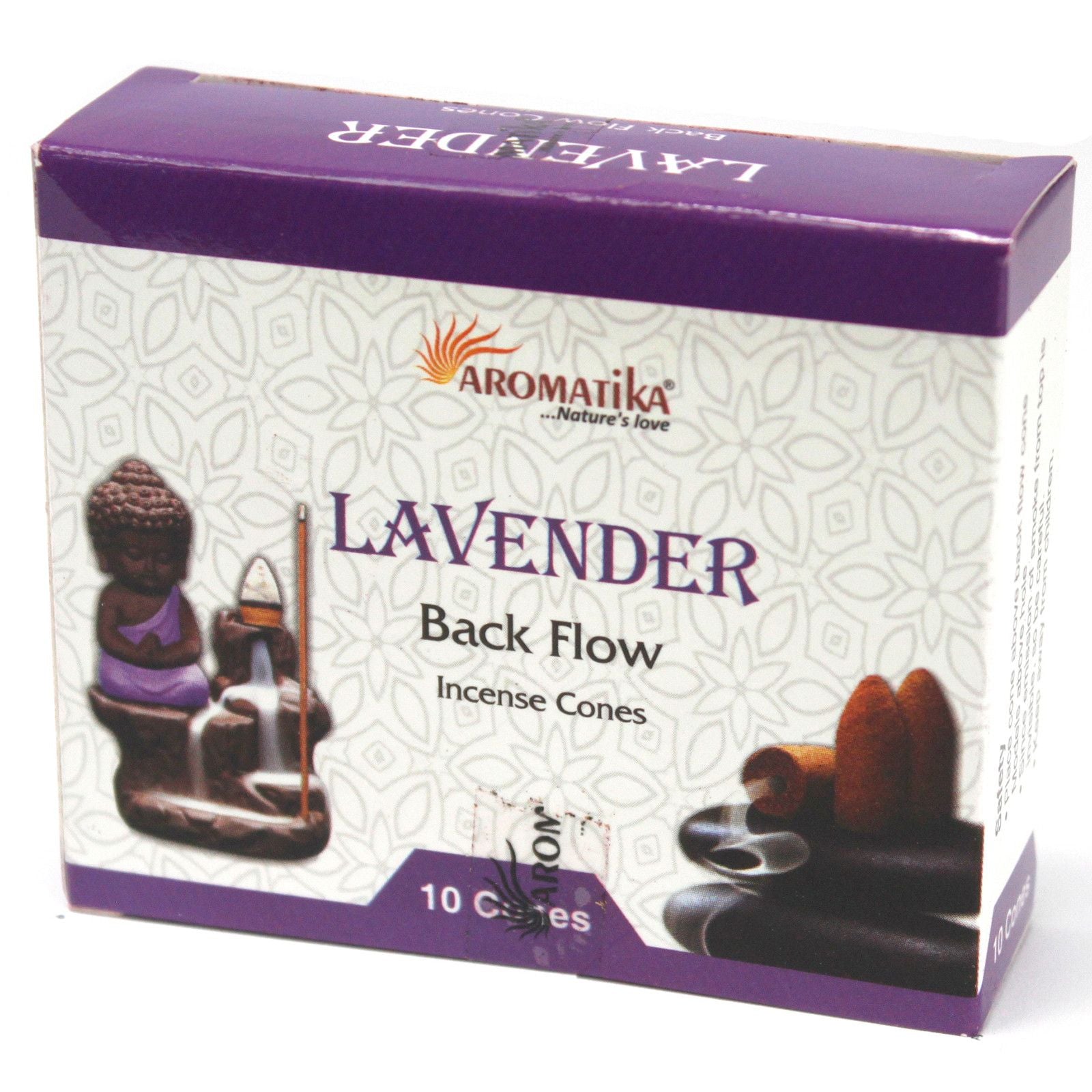 Conos de incienso de lavanda Aromatika, 10 piezas, caja morada y blanca, estilo aromático y relajante.