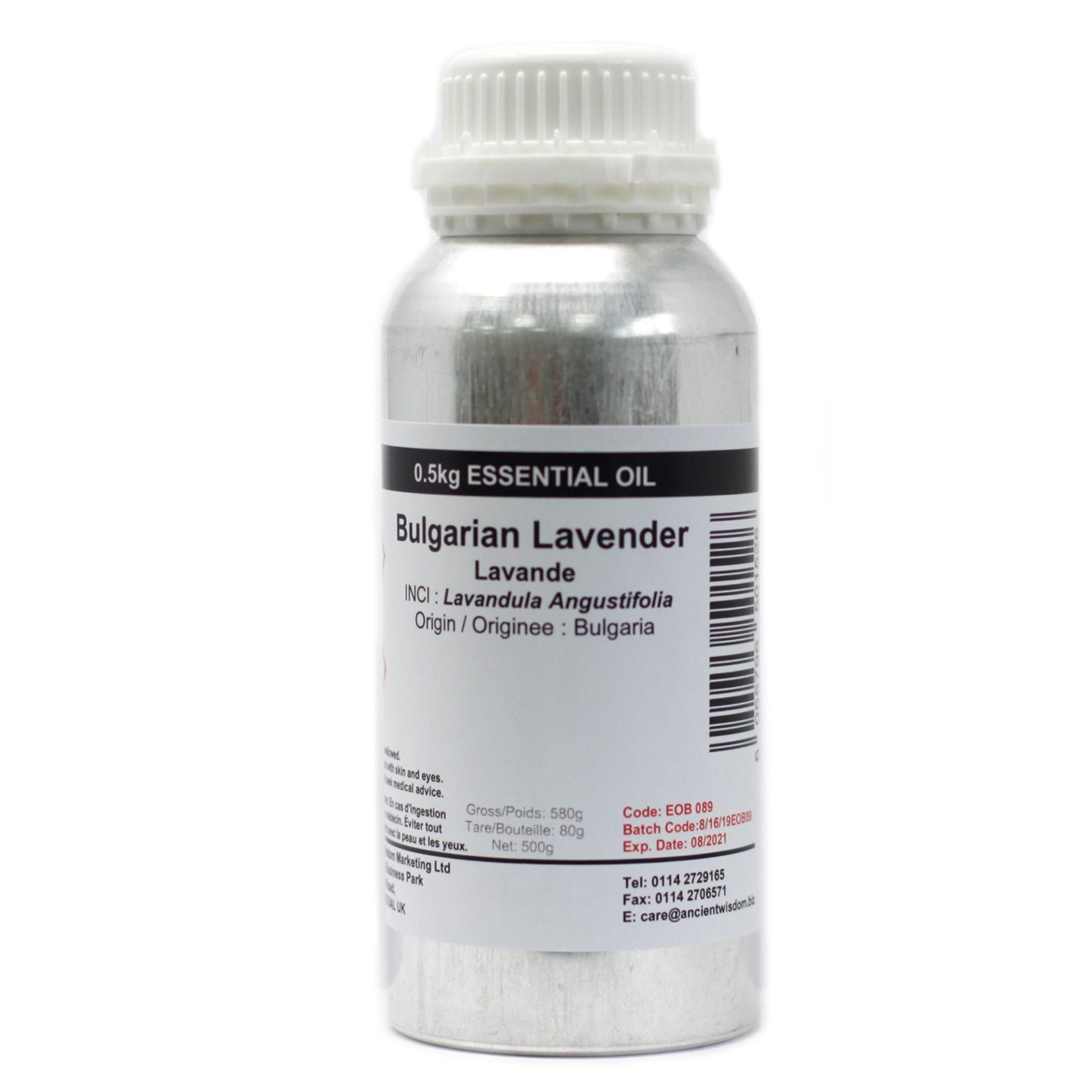 ACEITE ESENCIAL DE LAVANDA BÚLGARA 0.5kg, envase de aluminio plateado, aroma dulce y fresco, ideal para aromaterapia.