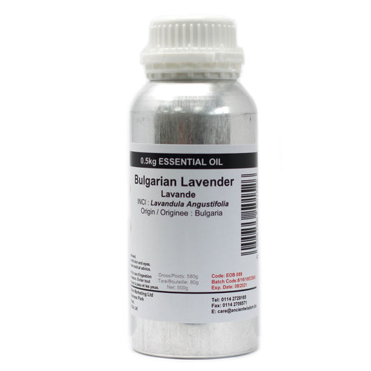 ACEITE ESENCIAL DE LAVANDA BÚLGARA 0.5kg, envase de aluminio plateado, aroma dulce y fresco, ideal para aromaterapia.