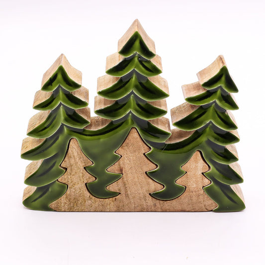 Adorno de madera en forma de árboles verde y marrón, estilo rústico, ideal para decorar interiores navideños.