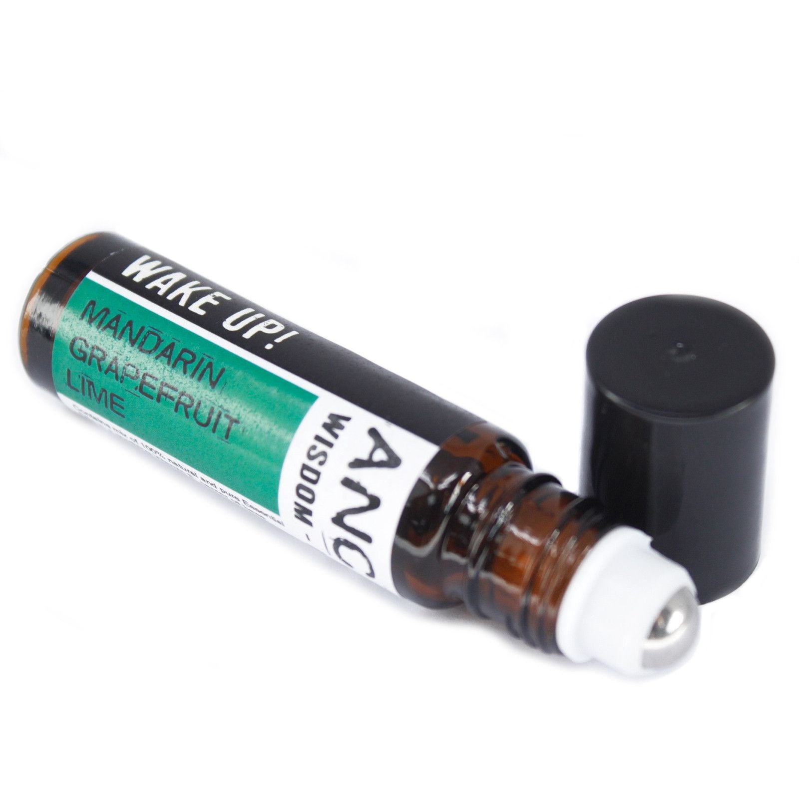 Roll-on aromático "Wake Up!" de 10 ml con fragancia de mandarina, toronja y lima en frasco ámbar.