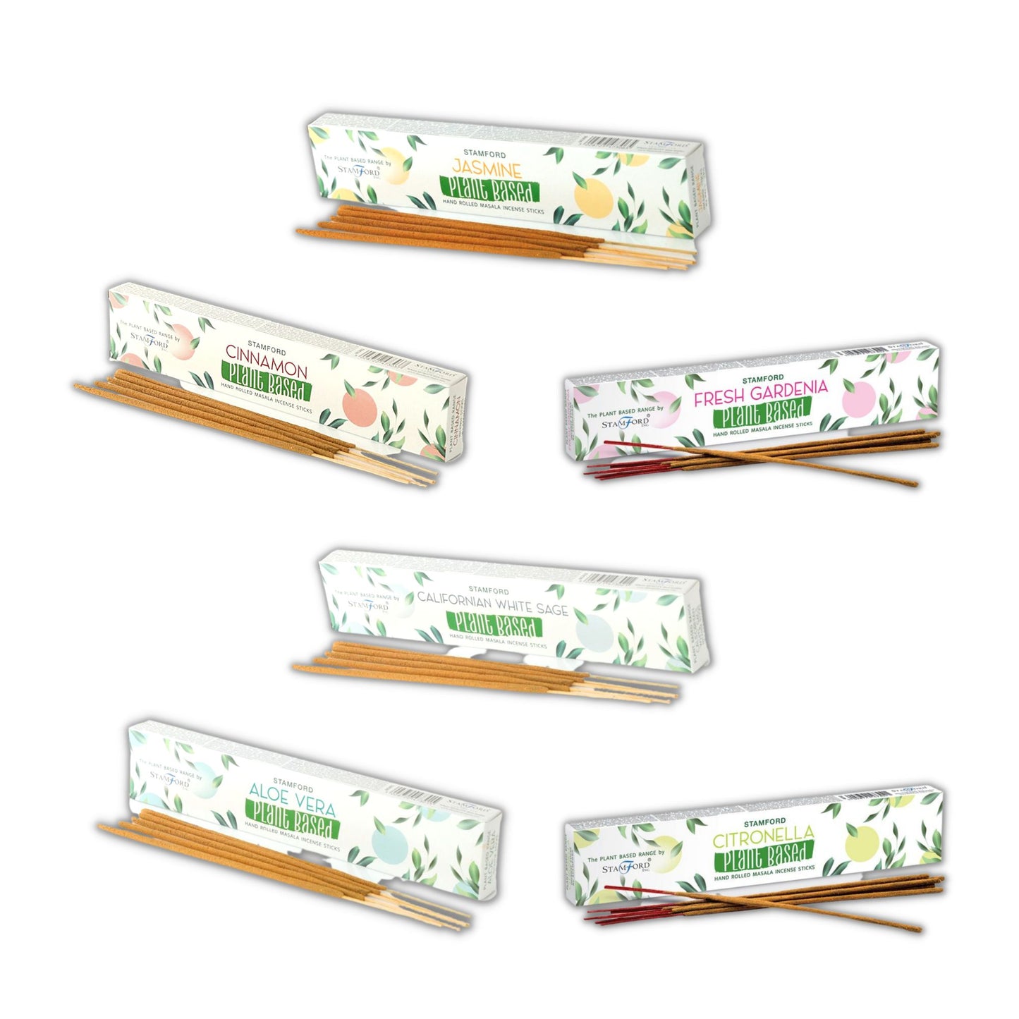 Conos de incienso variados: jazmín, canela, aloe vera, citronela, en cajas ecológicas blancas con diseños vegetales.