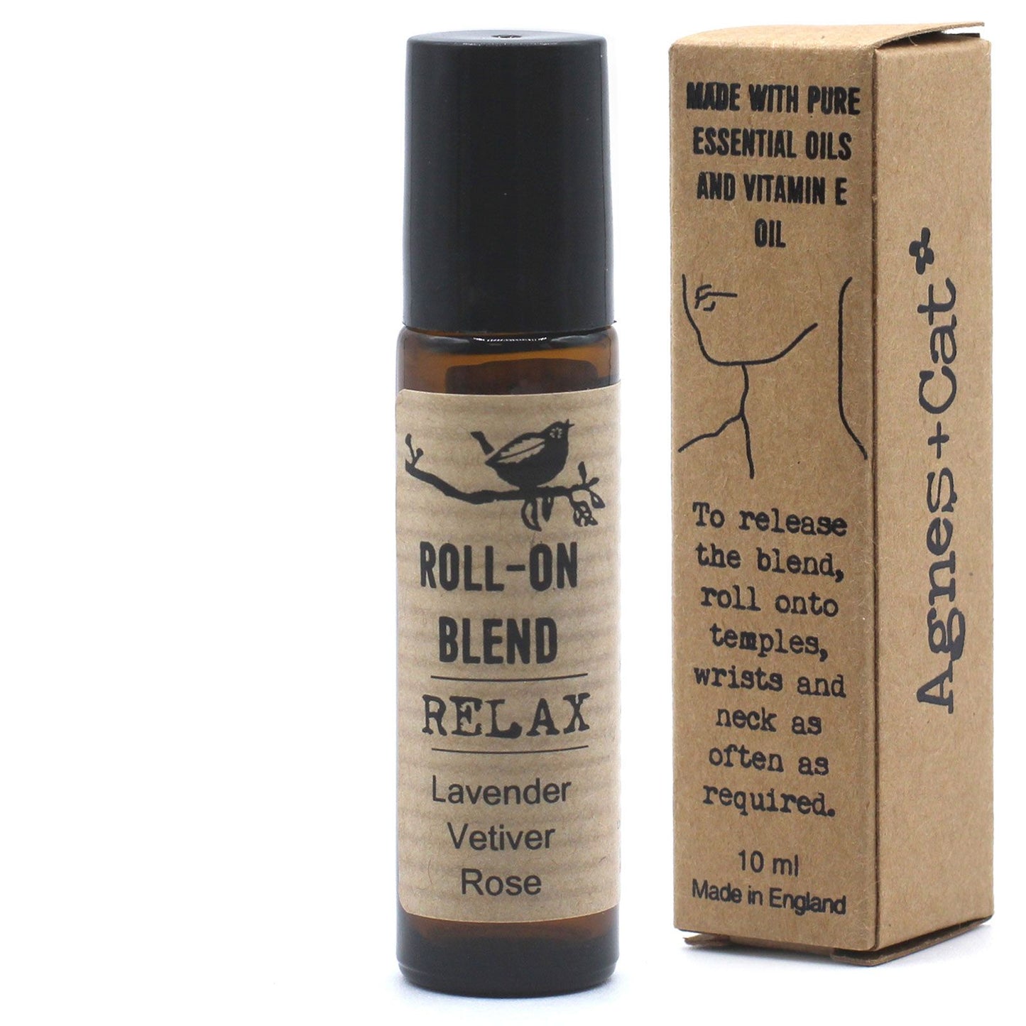 Aceite esencial para relajar, mezcla de lavanda, vetiver y rosa en frasco roll-on de 10 ml, hecho en Inglaterra.