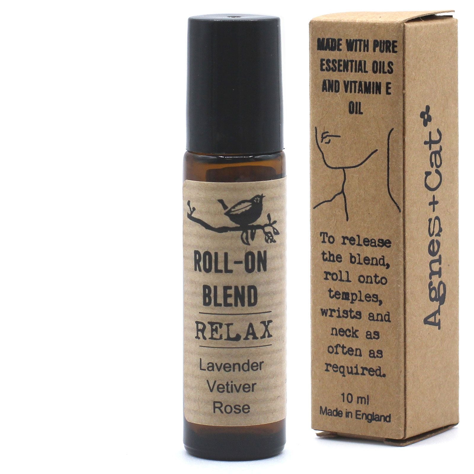 Aceite esencial para relajar, mezcla de lavanda, vetiver y rosa en frasco roll-on de 10 ml, hecho en Inglaterra.