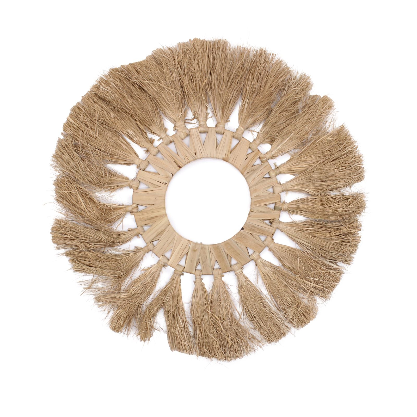 Centro de mesa redondo de yute natural con diseño de ramitas, color beige, estilo bohemio y artesanal.