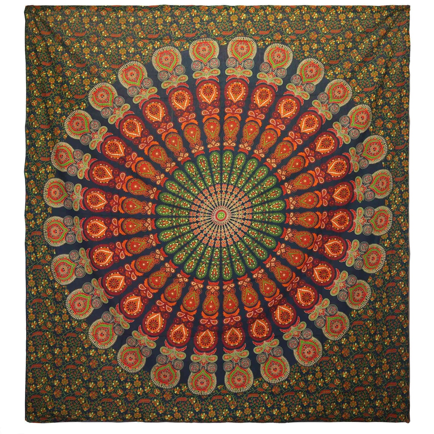 Manta decorativa mandala en tonos rojo y verde, 100% poliéster, estilo bohemio, ideal para pared o sofá.