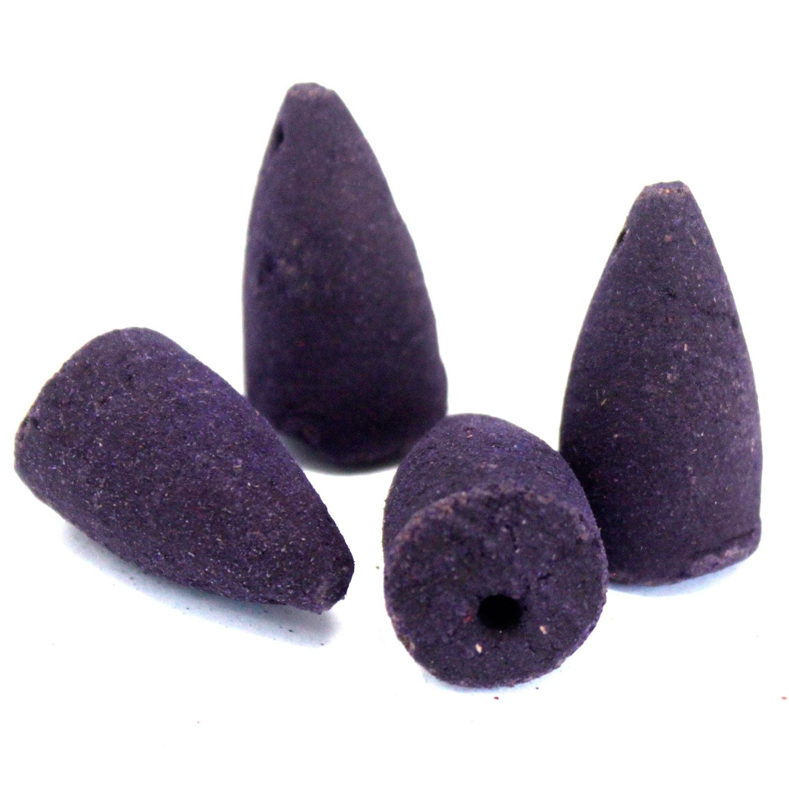 Conos de incienso morados de cerámica, aromáticos, ideales para meditación y relajación. Paquete de cuatro unidades.