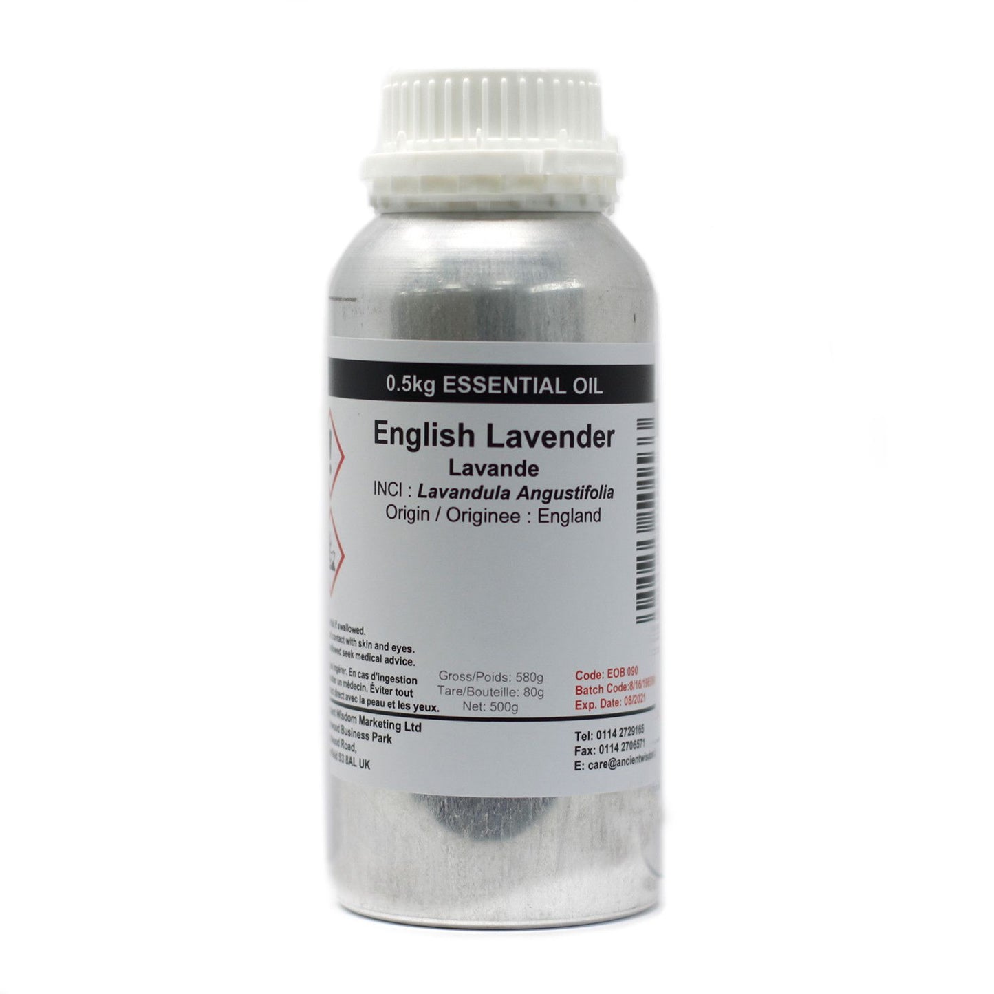 Aceite esencial de lavanda inglesa 500g, envase metálico plateado, aroma relajante y natural.
