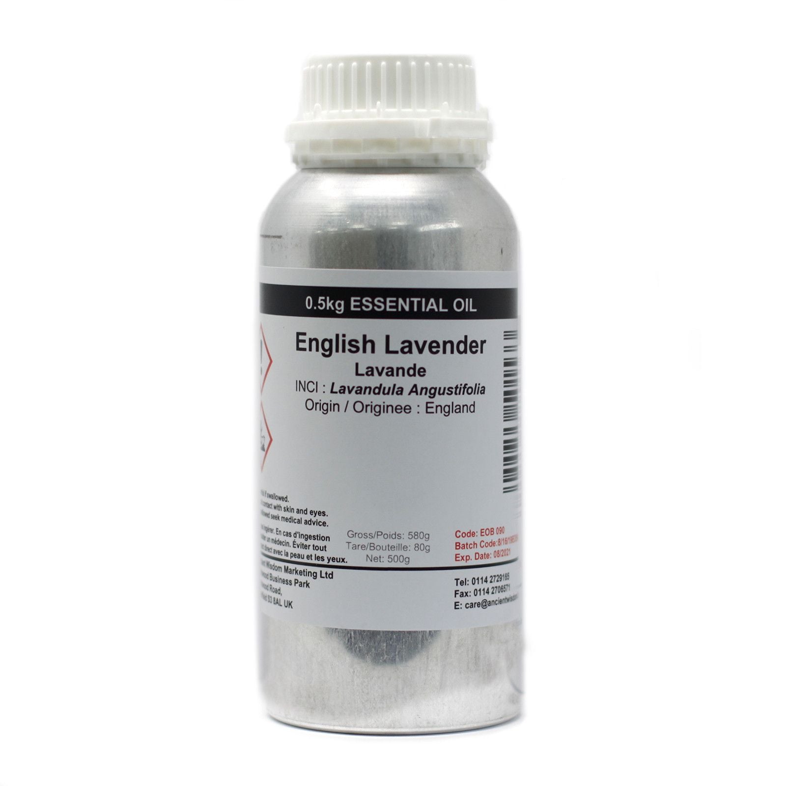 Aceite esencial de lavanda inglesa 500g, envase metálico plateado, aroma relajante y natural.