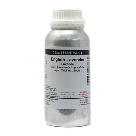 Aceite esencial de lavanda inglesa 500g, envase metálico plateado, aroma relajante y natural.