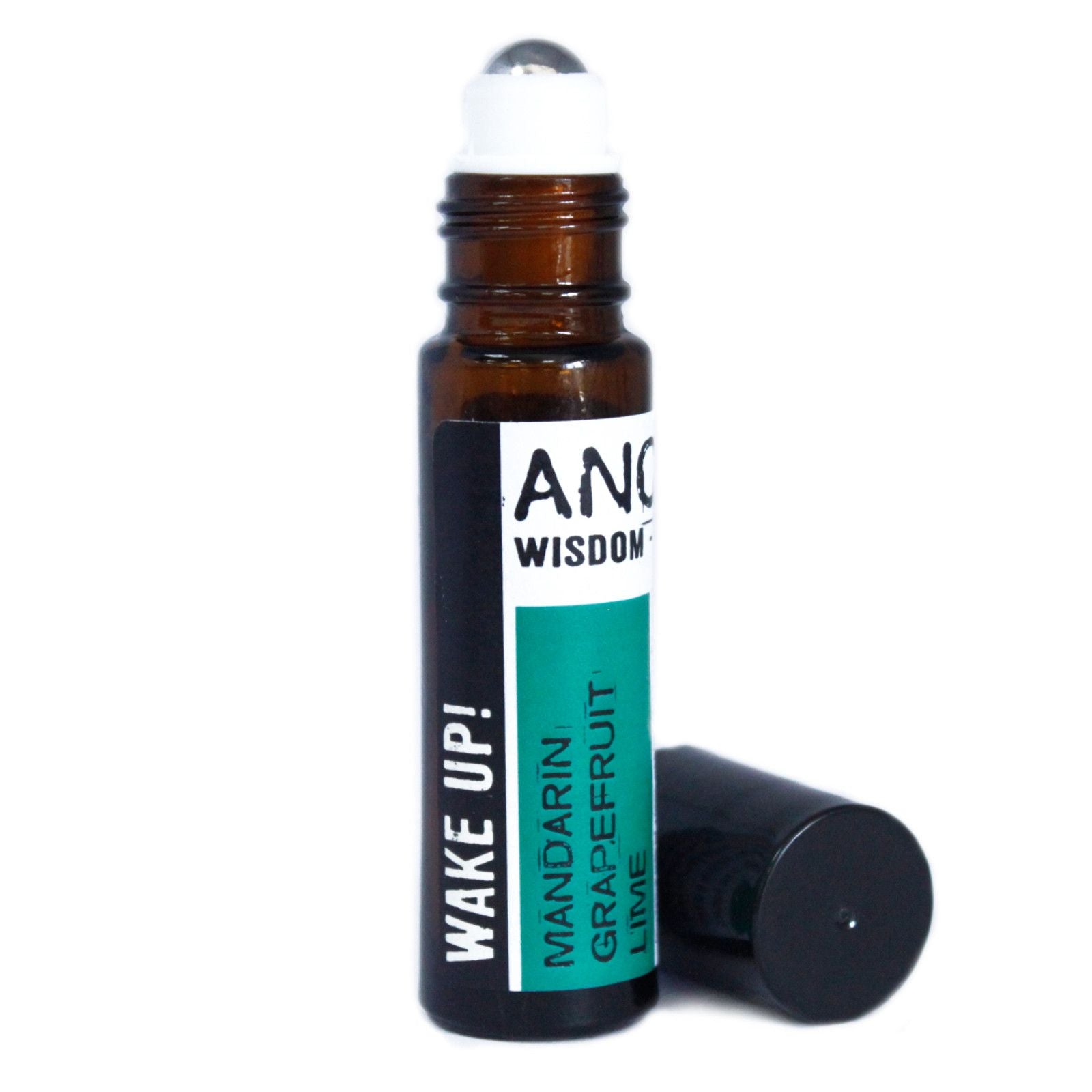 Roll-on despertador de aceite esencial de mandarina, pomelo y lima en frasco ámbar de vidrio, estilo moderno.