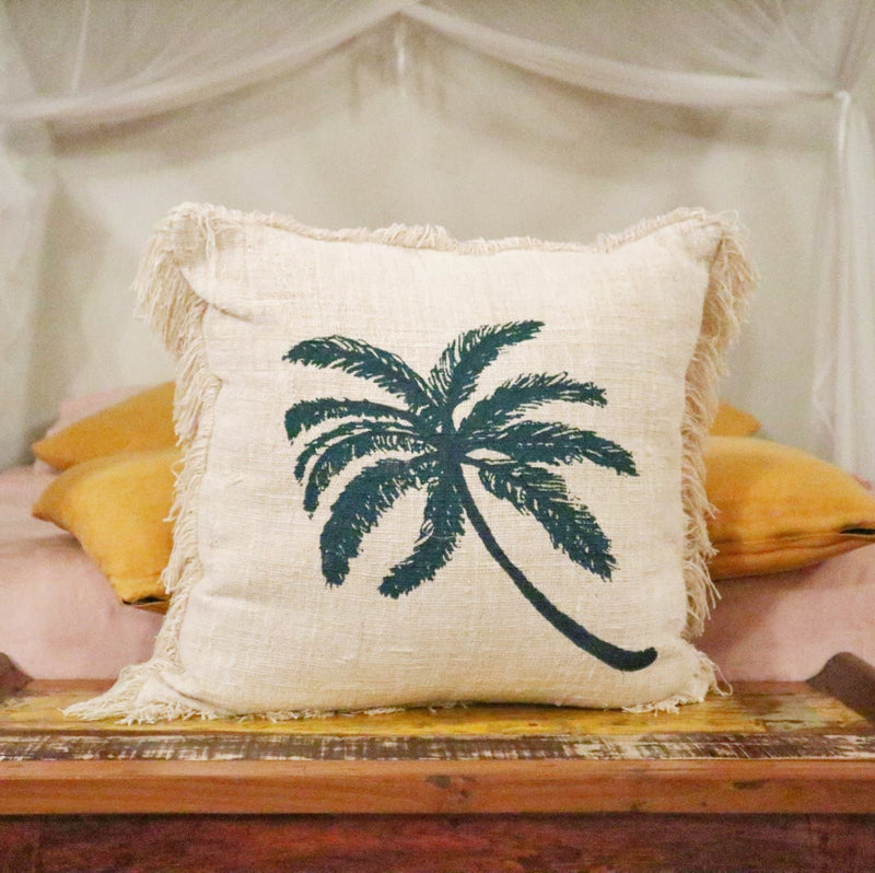 Funda de Cojín de Lino 60x60 Palmera con Flecos