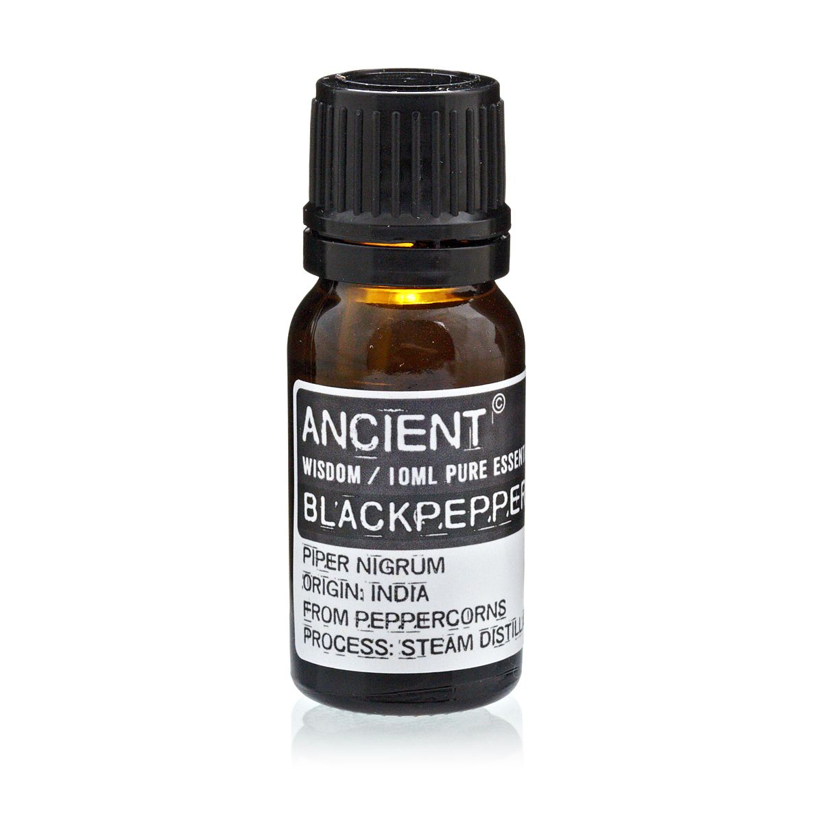 Aceite esencial de pimienta negra 10ml, color ámbar, botella de vidrio, destilado de vapor, origen: India.