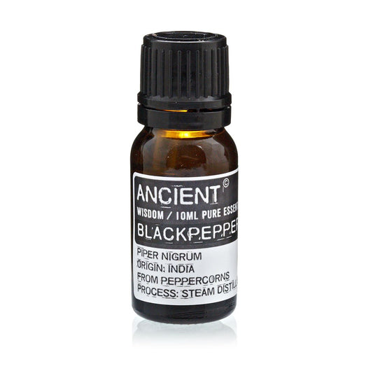 Aceite esencial de pimienta negra 10ml, color ámbar, botella de vidrio, destilado de vapor, origen: India.