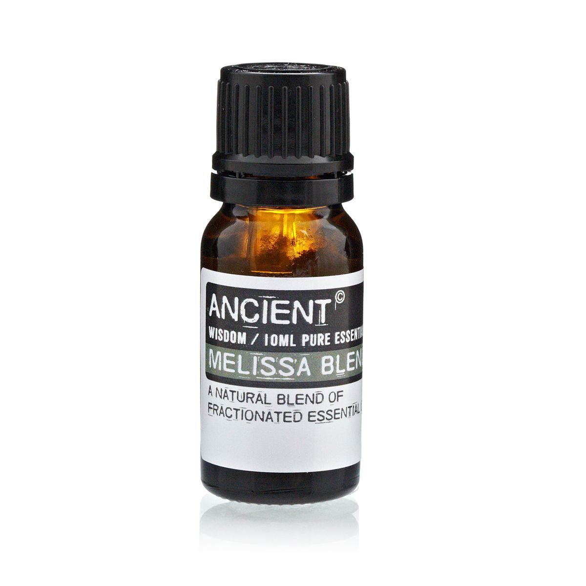 Aceite esencial puro de melisa 10ml, frasco negro y transparente, mezcla natural de aceites fraccionados.