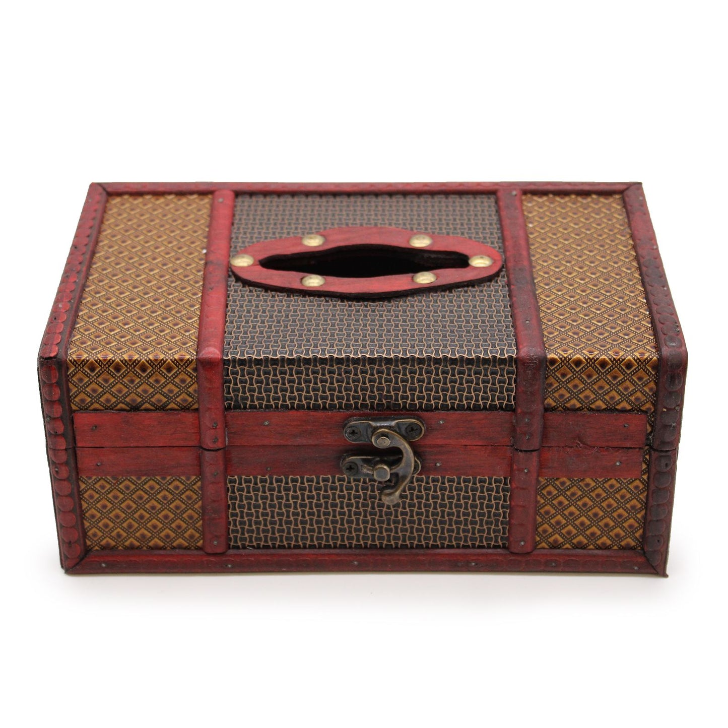 Caja decorativa de madera roja y dorada, con diseño tejido y cierre metálico, ideal para almacenamiento.