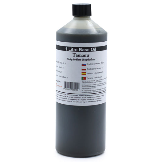 Aceite base de Tamanu, 1 litro, color verde oscuro, material natural, ideal para cosmética y cuidado de la piel.