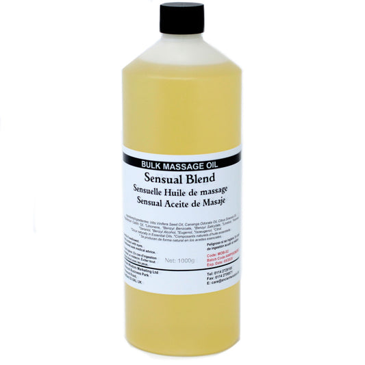 Aceite de masaje sensual de 1000 ml, color amarillo claro, mezcla de ingredientes naturales, ideal para masajes relajantes.
