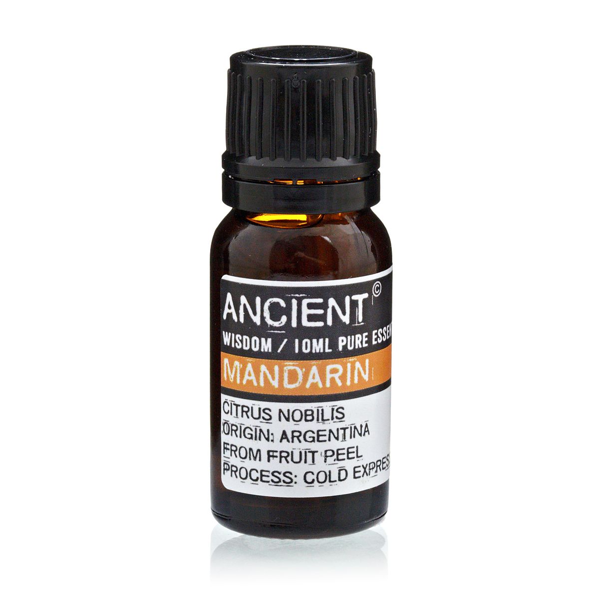 Aceite esencial de mandarina 10ml, color ámbar, botella de vidrio, aroma cítrico, extracción en frío, de Argentina.