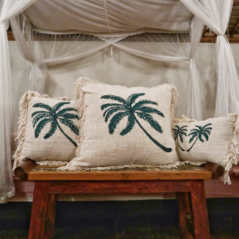 Funda de Cojín de Lino 60x60 Palmera con Flecos