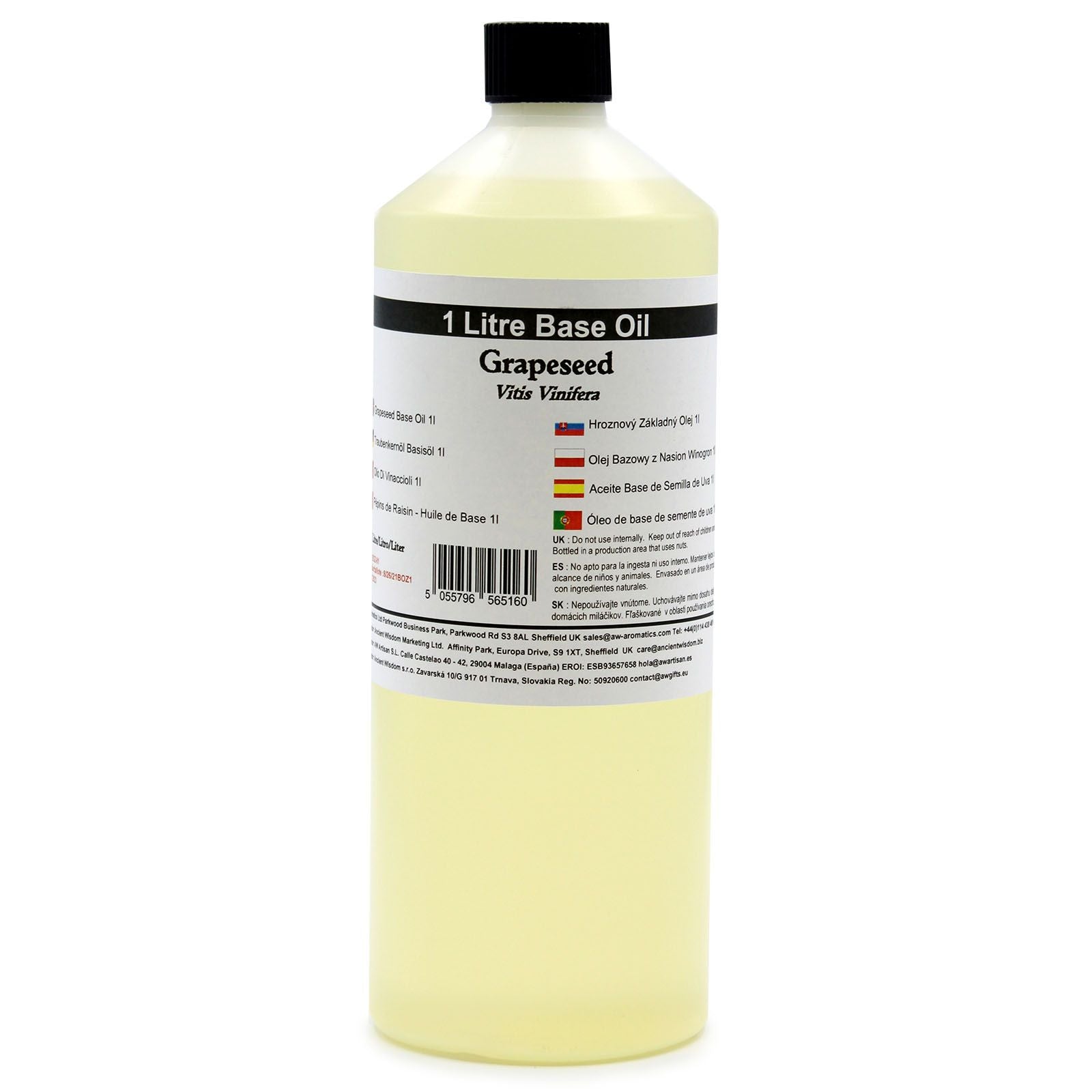 Botella de 1 litro de aceite de semilla de uva, líquido amarillo, ideal para cosmetología y masajes.