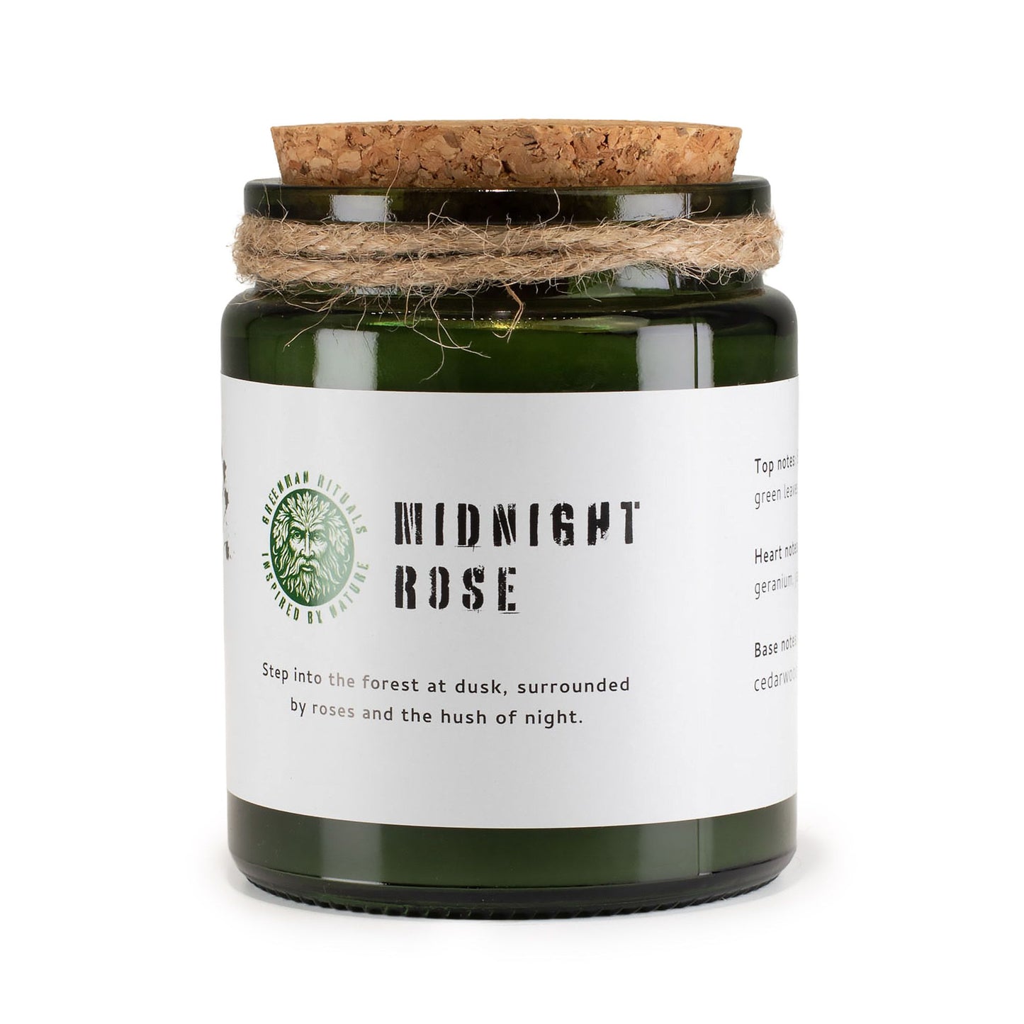Vela verde Midnight Rose, frasco de vidrio con tapa de corcho, aromas de rosas y geranio. Perfecta para ambientar.