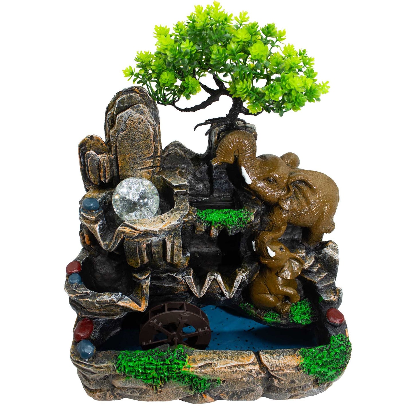 Fuente decorativa de resina con elefantes marrones, árbol verde y cristal, estilo jardín zen.