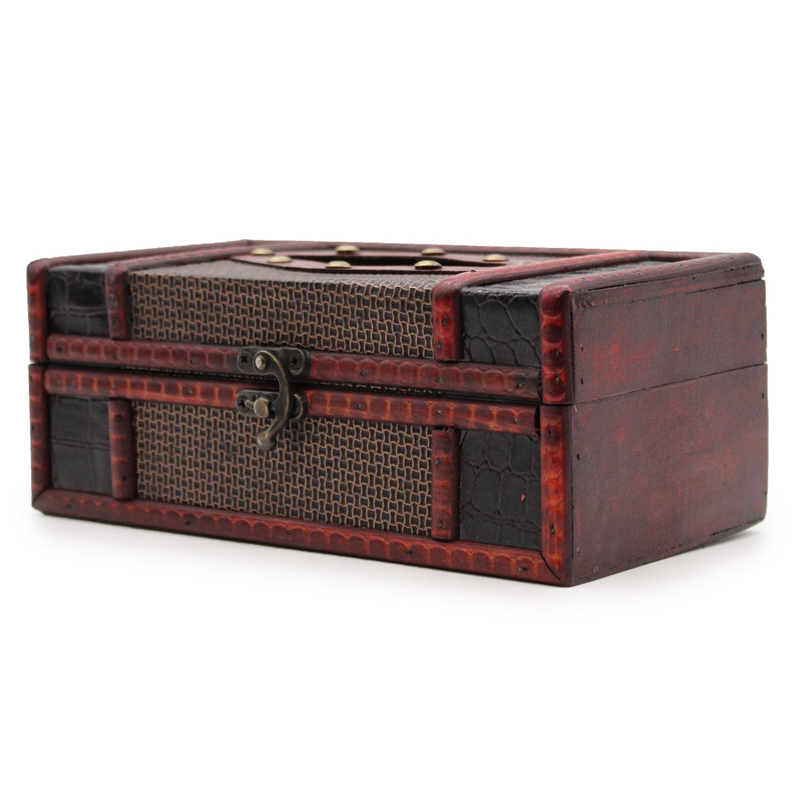 Caja de madera vintage en tonos rojos y negros, con detalles de mimbre y hebillas metálicas.