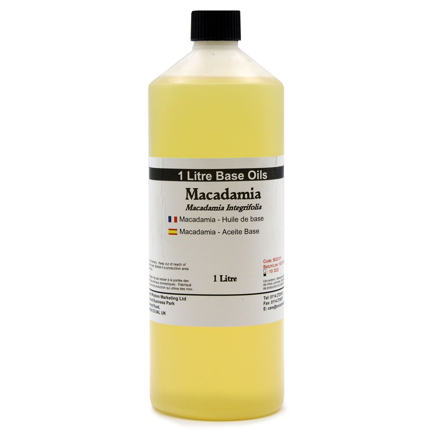 Aceite base de macadamia, 1 litro, color amarillo claro, ideal para masajes y tratamientos de belleza.