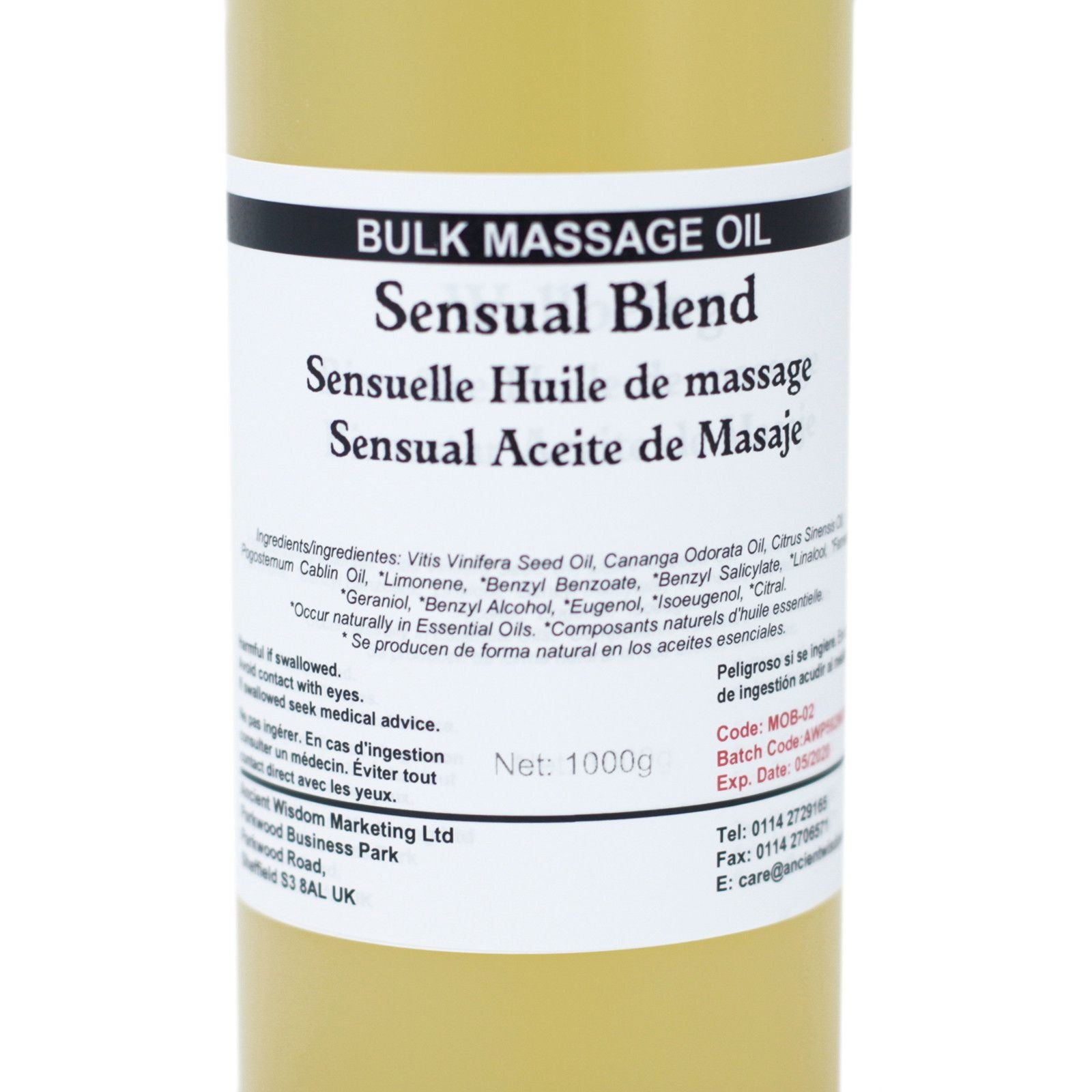 Aceite de masaje seductor, mezcla sensorial, 1000ml, presentación en botella amarilla, ideal para relajación.