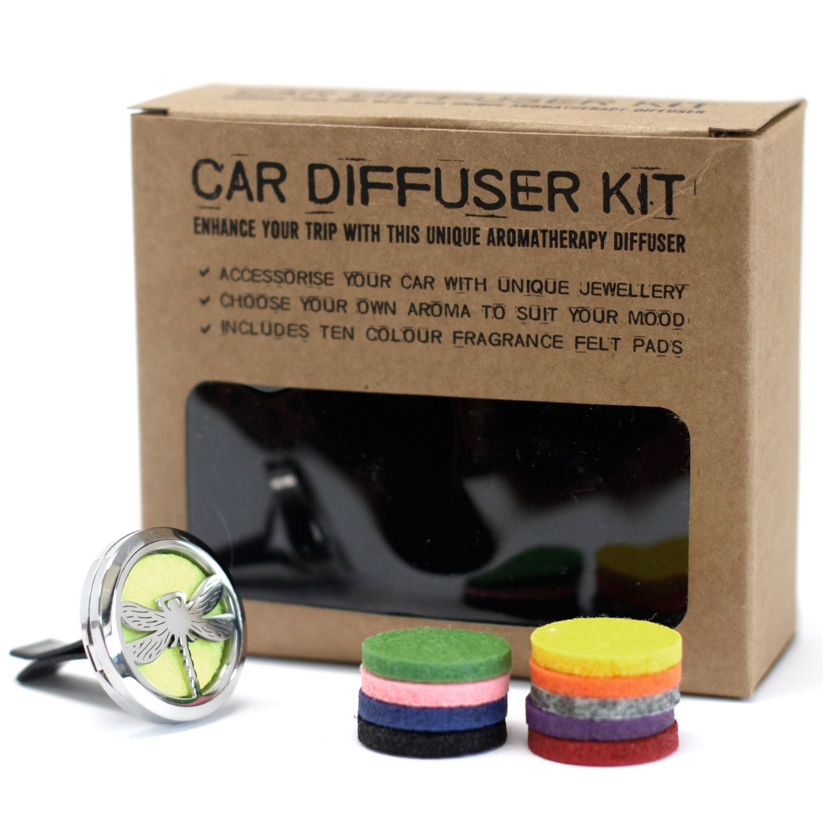 Kit difusor coche Ancient Wisdom: caja de cartón, difusor metálico circular con libélula y 10 almohadillas de fieltro.