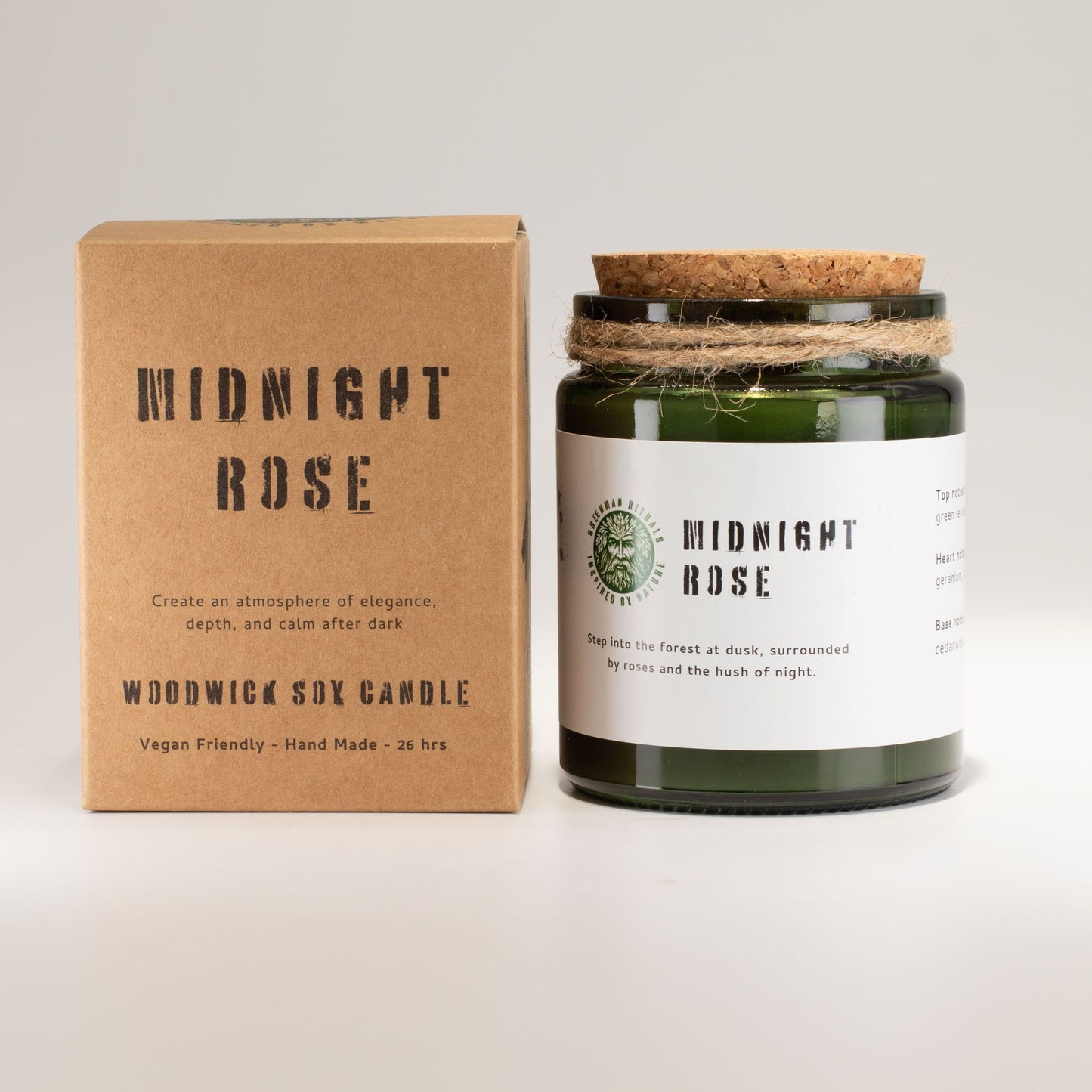Vela de soja verde con tapa de corcho, aroma "Midnight Rose", envase ecoamigable, 26 horas de duración.