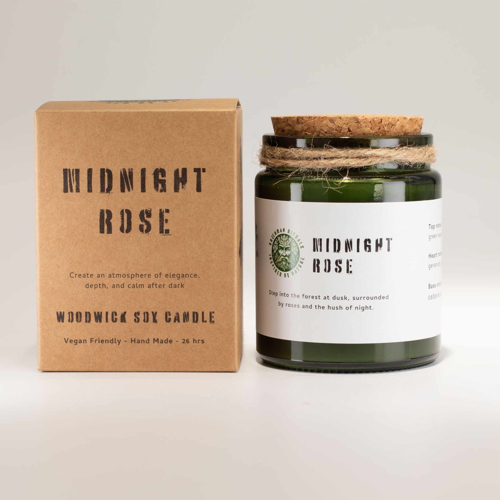 Vela de soja verde con tapa de corcho, aroma "Midnight Rose", envase ecoamigable, 26 horas de duración.
