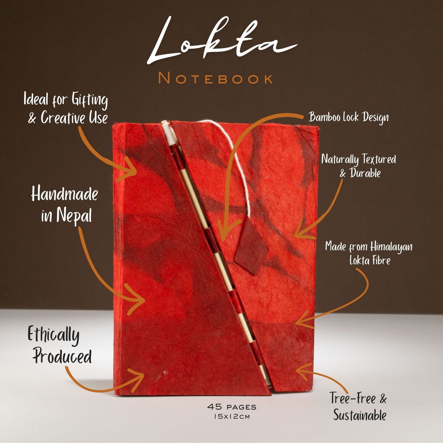 Cuaderno Lokta rojo, hecho a mano en Nepal, con diseño de bambú, 45 páginas, ecológico y sostenible.
