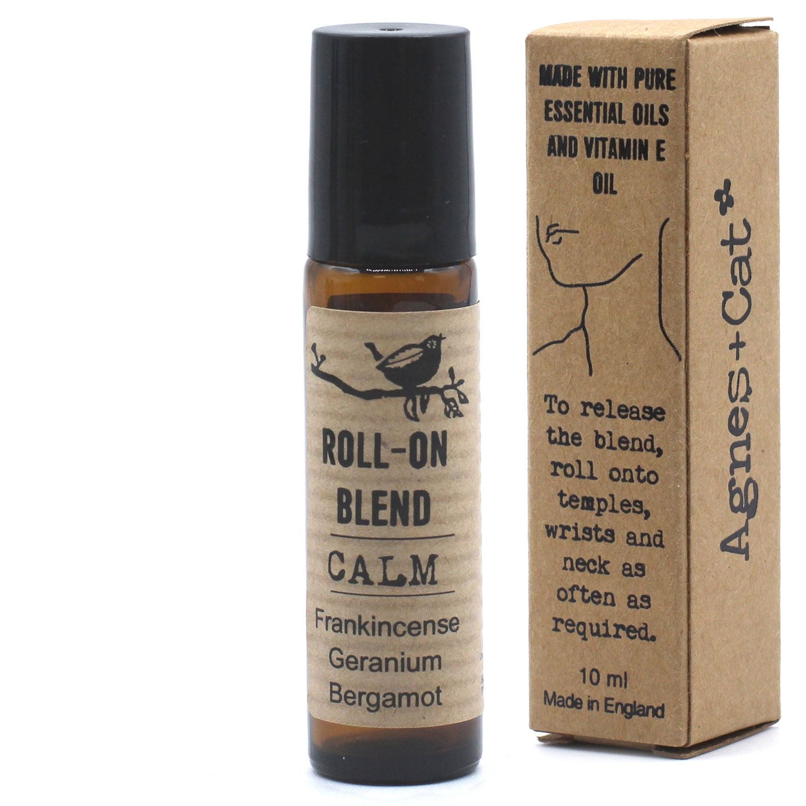 Roll-on para calma con aceites esenciales de incienso, geranio y bergamota. Envase de 10 ml, diseño natural y elegante.