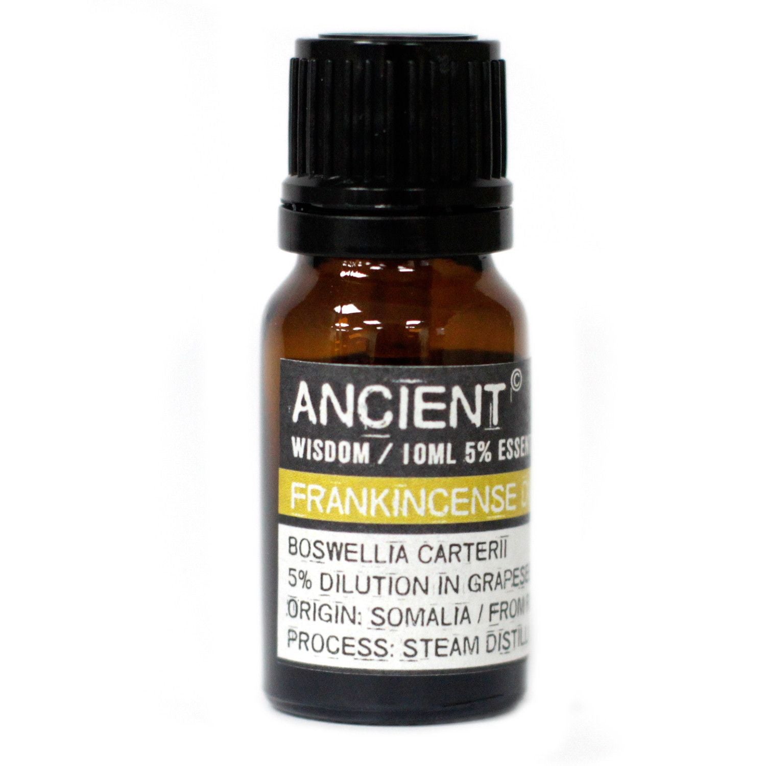 Aceite esencial de incienso 10ml, color ámbar, dilución del 5%, obtenido de Somalia, proceso de destilación al vapor.