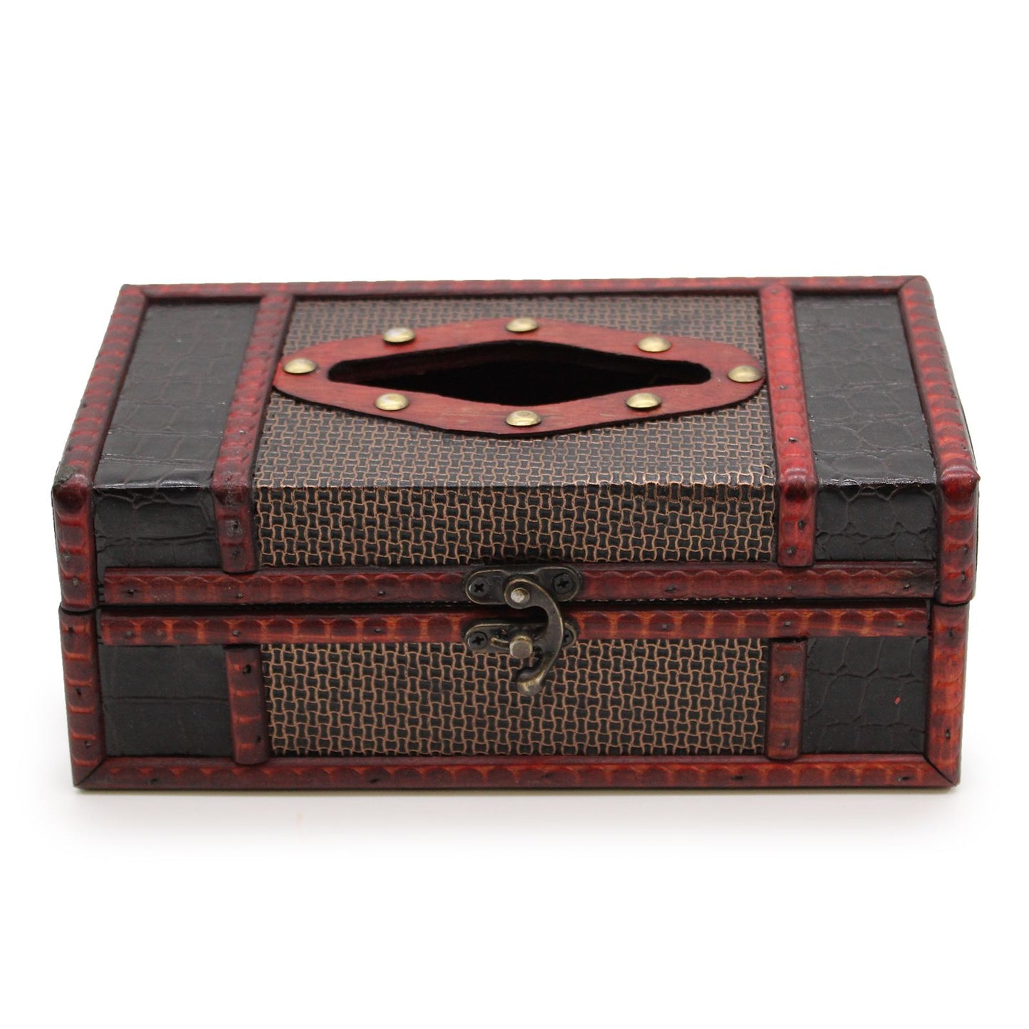 Caja decorativa de madera, negro y rojo, con detalles en mimbre y cerradura metálica, estilo vintage.